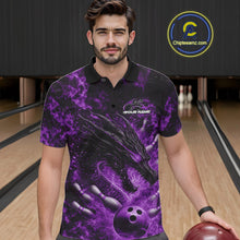 Load image into Gallery viewer, Custom Black And Purple Flame Dragon Bowling Men Polo Shirt, Dragon Bowling League Shirt IPHW10278