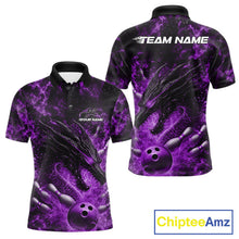 Load image into Gallery viewer, Custom Black And Purple Flame Dragon Bowling Men Polo Shirt, Dragon Bowling League Shirt IPHW10278