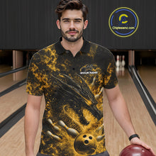 Load image into Gallery viewer, Custom Black And Yellow Flame Dragon Bowling Men Polo Shirt, Dragon Bowling League Shirt IPHW10279