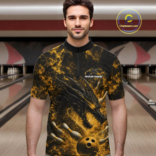 Custom Black And Yellow Flame Dragon Bowling Men Quarter-Zip Shirt, Dragon Bowling League Shirt IPHW10279