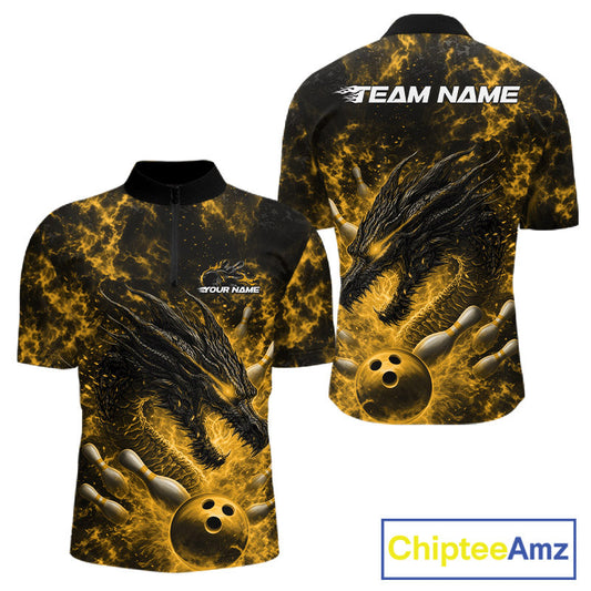 Custom Black And Yellow Flame Dragon Bowling Men Quarter-Zip Shirt, Dragon Bowling League Shirt IPHW10279