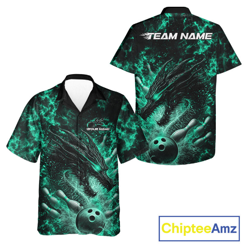 Custom Black And Green Flame Dragon Bowling Men And Women Hawaiian Shirt, Dragon Bowling League Shirt IPHW10280
