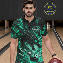 Load image into Gallery viewer, Custom Black And Green Flame Dragon Bowling Men Polo Shirt, Dragon Bowling League Shirt IPHW10280