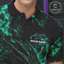 Load image into Gallery viewer, Custom Black And Green Flame Dragon Bowling Men Polo Shirt, Dragon Bowling League Shirt IPHW10280