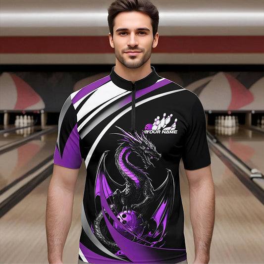 Custom Black And Purple Dragon Bowling Jerseys, Dragon Bowling Team Quarter-Zip Shirts For Men IPHW8650