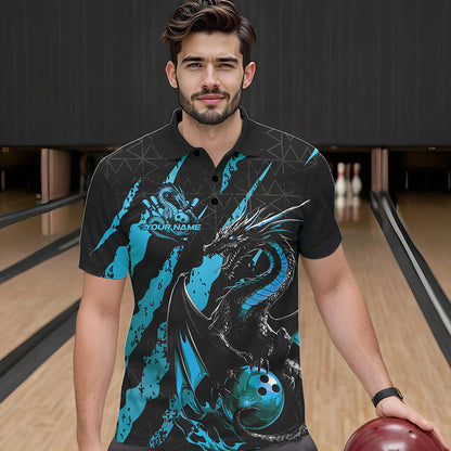 Custom Black And Blue Dragon Bowling Team Polo Shirts For Men, Dragon Bowling Jerseys IPHW8925