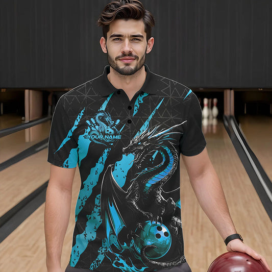 Custom Black And Blue Dragon Bowling Team Polo Shirts For Men, Dragon Bowling Jerseys IPHW8925