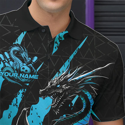 Custom Black And Blue Dragon Bowling Team Polo Shirts For Men, Dragon Bowling Jerseys IPHW8925