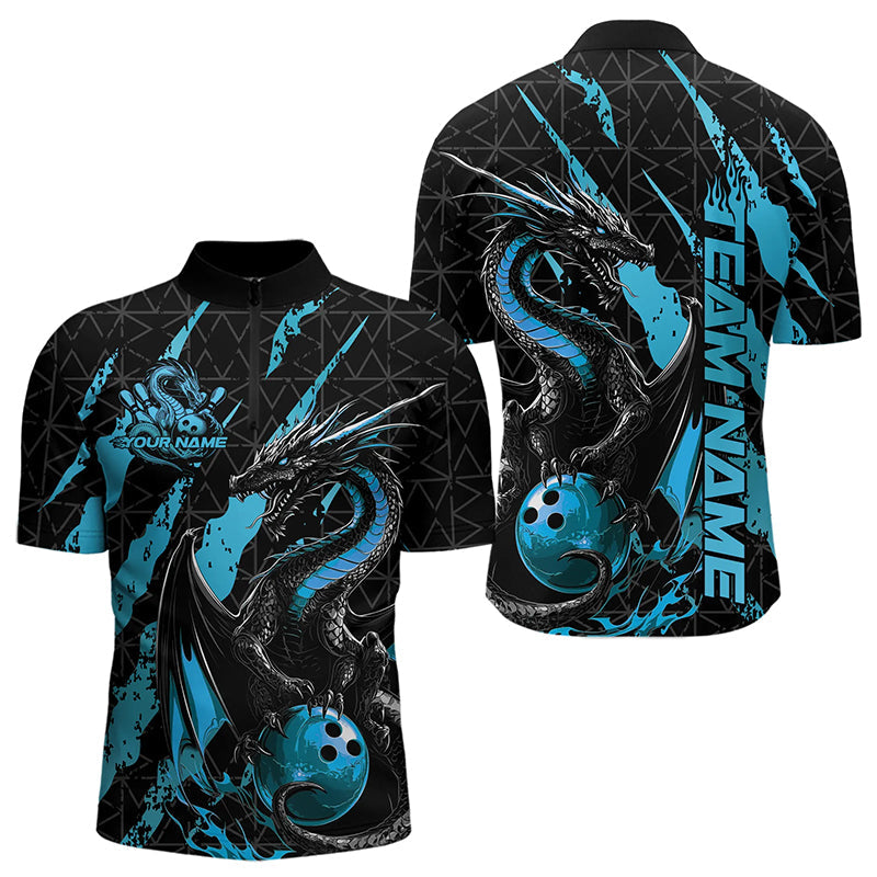 Custom Black And Blue Dragon Bowling Team Quarter-Zip Shirts For Men, Dragon Bowling Jerseys IPHW8925