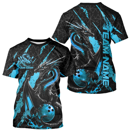 Custom Black And Blue Dragon Bowling Team T-Shirts For Men, Dragon Bowling Jerseys IPHW8925