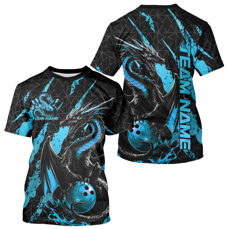 Custom Black And Blue Dragon Bowling Team T-Shirts For Men, Dragon Bowling Jerseys IPHW8925