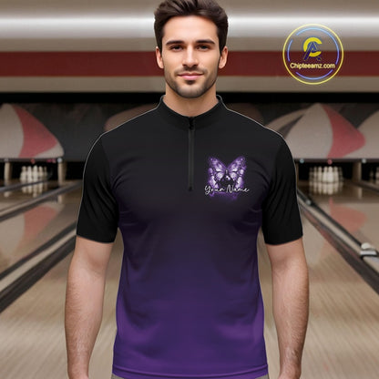 Male model wearing a purple bowling quarter-zip shirt at a bowling lane with glowing butterfly artwork, a bowling ball, and cosmic accents.