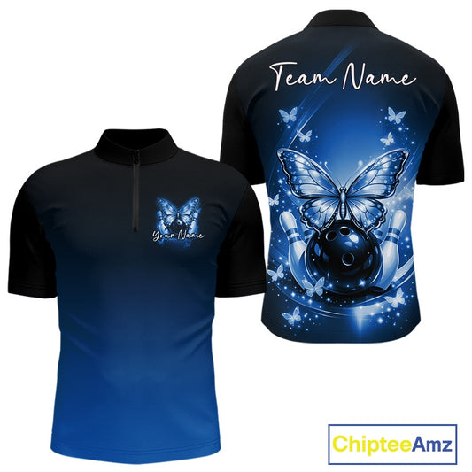 Front and back mockup of a blue men’s bowling quarter-zip shirt featuring glowing butterflies on a bowling ball, fallen pins, and cosmic-themed artwork.