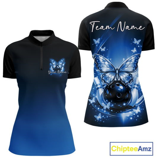 Front and back mockup of a blue women’s bowling quarter-zip shirt featuring glowing butterflies on a bowling ball, fallen pins, and a cosmic theme.