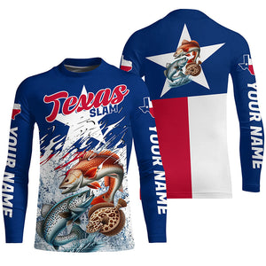 Redfish Trout Flounder Texas Slam Custom Long Sleeve Fishing Shirts, Texas Flag Fishing Shirts IPHW7004