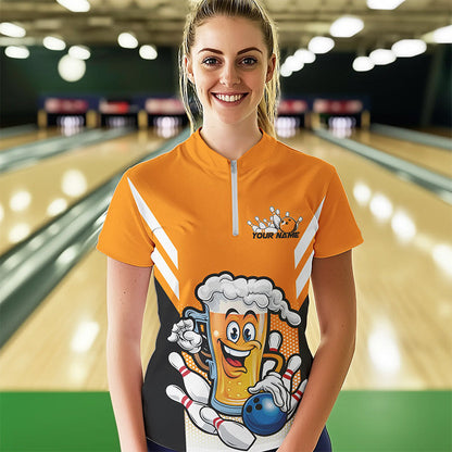 Custom Funny Beer Bowling Quarter-Zip Shirts For Women, Yellow Bowling Team League Shirt IPHW8930