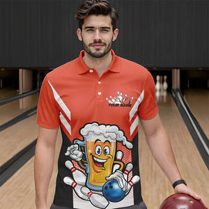 Custom Funny Beer Bowling Polo Shirts For Men, Orange Bowling Team Bowling League Shirt IPHW8931
