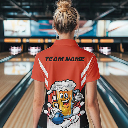 Custom Funny Beer Bowling Quarter-Zip Shirts For Women, Orange Bowling Team League Shirt IPHW8931