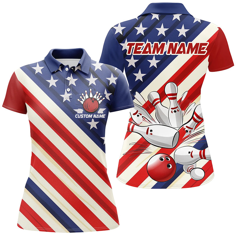 Custom American Flag Team Bowling Jerseys For Women, Patriotic Strike Bowling Shirt IPHW6517