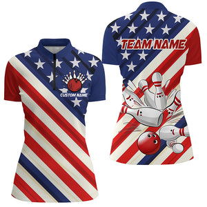 Custom American Flag Team Bowling Jerseys For Women, Patriotic Strike Bowling Shirt IPHW6517