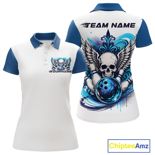 Front and back views of a white womens bowling shirt with polo collar, blue skull-themed bowling graphic with black wings, pins, bowling ball