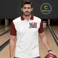 Load image into Gallery viewer, A man stands in a bowling alley wearing a bowling shirt with polo collar, red skull-themed bowling graphic with black wings, pins, bowling ball