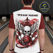 Load image into Gallery viewer, Back view of a man in a bowling alley wearing a bowling shirt with polo collar, red skull-themed bowling graphic with black wings, pins, bowling ball shirt with “Team Name” across the shoulders.