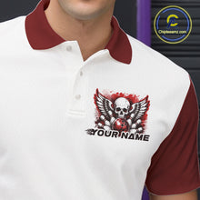 Load image into Gallery viewer, Close of a white mens bowling shirt with polo collar, red skull-themed bowling graphic with black wings, pins, bowling ball
