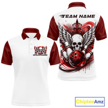 Load image into Gallery viewer, Front and back views of a white mens bowling shirt with polo collar, red skull-themed bowling graphic with black wings, pins, bowling ball