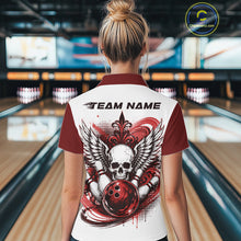 Load image into Gallery viewer, Back view of a woman in a bowling alley wearing a bowling shirt with quarter zip collar, red skull-themed bowling graphic with black wings, pins, bowling ball shirt with “Team Name” across the shoulders.