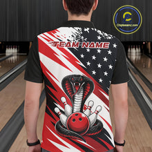 Load image into Gallery viewer, Back view of a man in a bowling alley wearing a black, white, and red american flag cobra-themed shirt with “Team Name” across the shoulders.