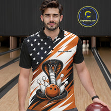 Load image into Gallery viewer, A smiling man stands in a bowling alley wearing a black, white, and orange bowling shirt with stars, diagonal stripes, a cobra, pins, and an orange ball.