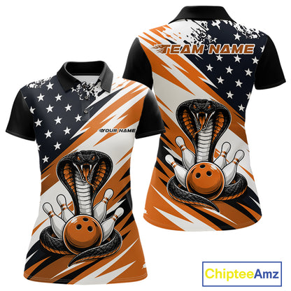 Front and back views of a black, white, and orange thin line american flag bowling women polo shirt with cobra artwork, bowling pins, an orange ball, and customizable name text.