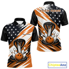 Load image into Gallery viewer, Front and back views of a black, white, and orange thin line american flag bowling men quarter zip shirt with cobra artwork, bowling pins, an orange ball, and customizable name text.