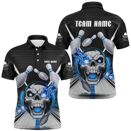 Customizable Blue Flame Bowling Shirts, Skull Bowling Polo Shirt For Men IPHW6856