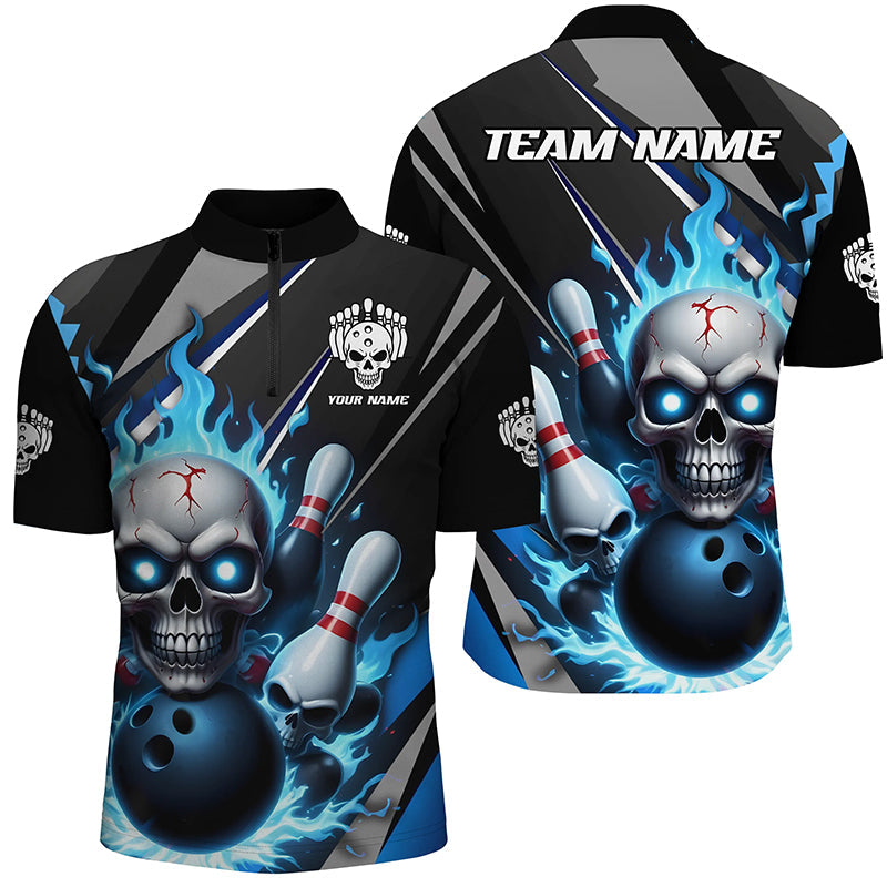 Custom Blue Flame Bowling Team Shirts, Halloween Skull Bowling Quarter Zip Shirt For Men IPHW6864