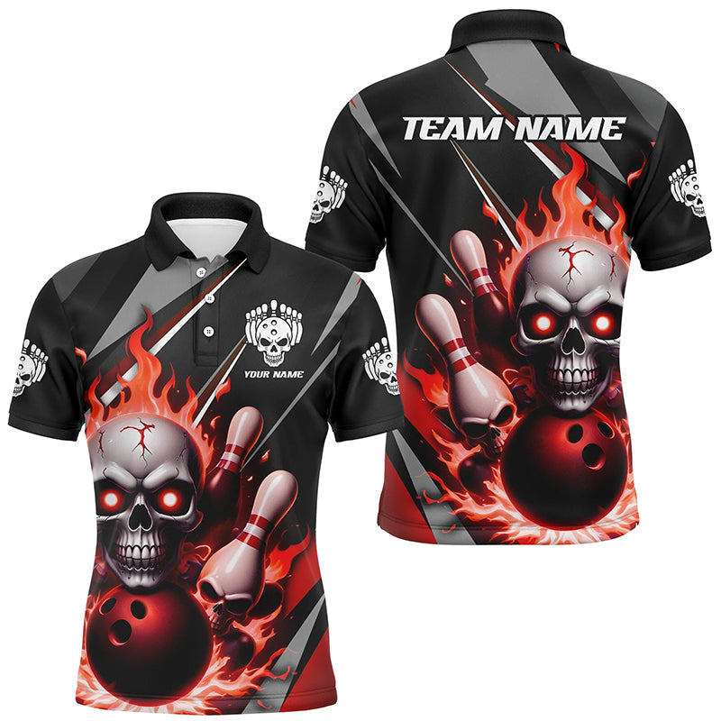 Custom Red Flame Bowling Team Shirts, Halloween Skull Bowling Polo Shirt For Men IPHW6865