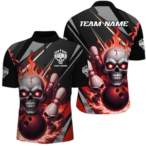 Custom Red Flame Bowling Team Shirts, Halloween Skull Bowling Quarter Zip Shirt For Men IPHW6865