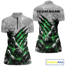 Load image into Gallery viewer, Front and back view of a women's bowling quarter zip mockup featuring a dramatic green bowling ball and pins graphic with claw-mark artwork on a gray shirt.