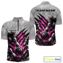 Load image into Gallery viewer, Front and back view of a men's bowling quarter zip shirt mockup featuring a dramatic pink bowling ball and pins graphic with claw-mark artwork on a gray shirt.
