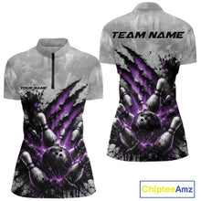 Load image into Gallery viewer, Front and back view of a women's bowling quarter zip mockup featuring a dramatic purple bowling ball and pins graphic with claw-mark artwork on a gray shirt.