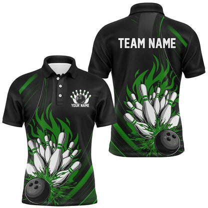 Personalized Bowling Shirts For Men, Black And Green Flame Bowling Team Shirt Bowlers Outfit IPHW7209