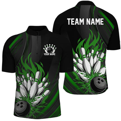 Personalized Bowling Shirts For Men, Black And Green Flame Bowling Team Shirt Bowlers Outfit IPHW7209