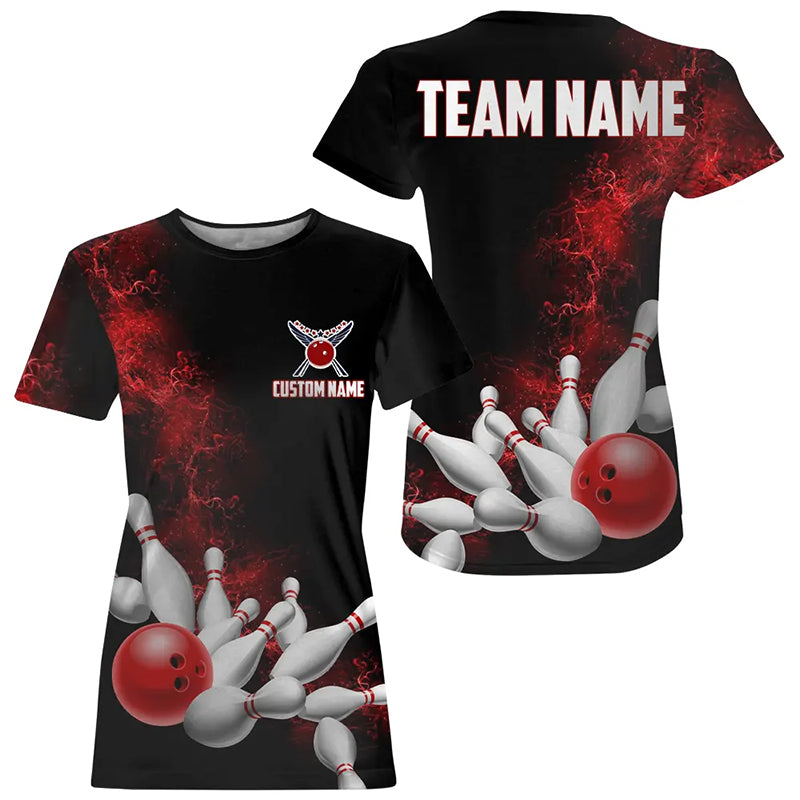 Custom Red Strike Bowling T-Shirts For Women Bowling Team Jerseys Bowling League IPHW5469