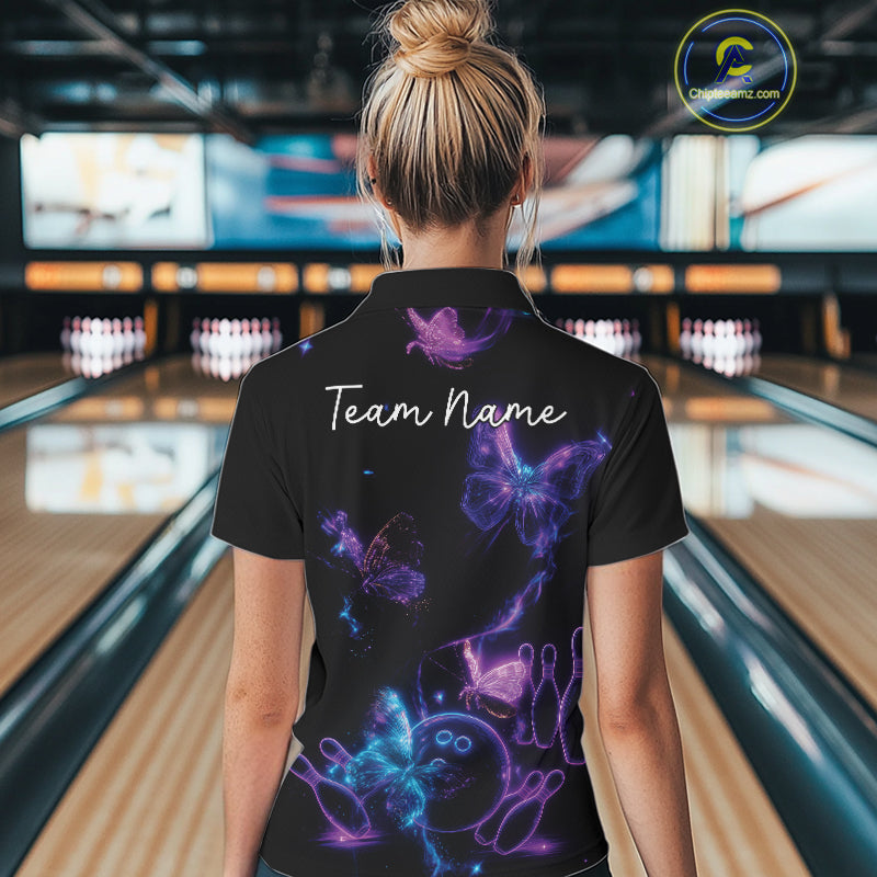 Custom Blue And Purple Butterfly Women Bowling Team Shirts, Ladies Bowling League Shirt IPHW10156