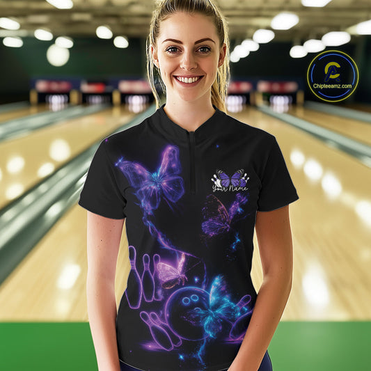 Custom Blue And Purple Butterfly Women Bowling Team Shirts, Ladies Bowling League Shirt IPHW10156