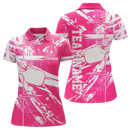Pink And White Pickleball Heartbeat Pulse Line Custom Pickleball Team Polo Shirts For Women IPHW8212