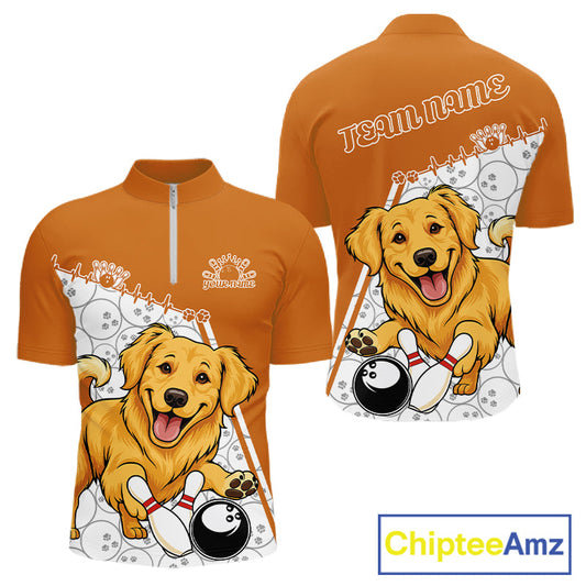 Custom Cute Funny Golden Retriever Dog Bowling Men Quarter-Zip Shirts, Dog Lovers Bowling Shirt IPHW10290
