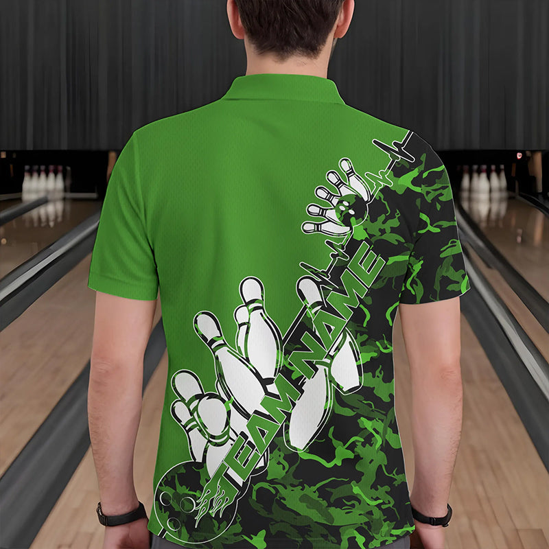 Custom Green Camo Strike Bowling Polo Shirts For Men, Strike Team Bowling League Shirt Shirt IPHW8445