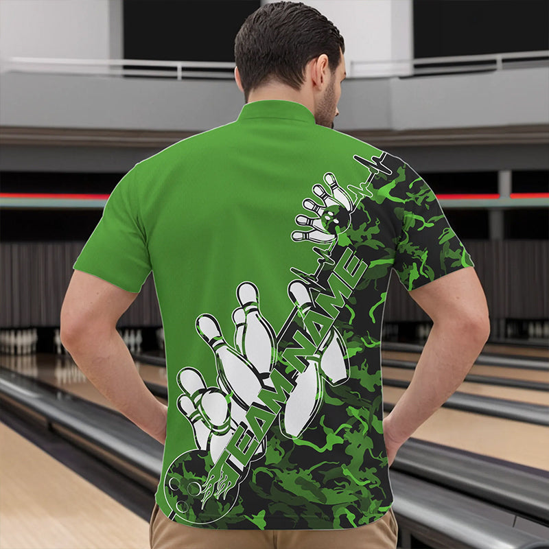 Custom Green Camo Strike Bowling Quarter-Zip Shirts For Men, Strike Team Bowling League Shirt Shirt IPHW8445